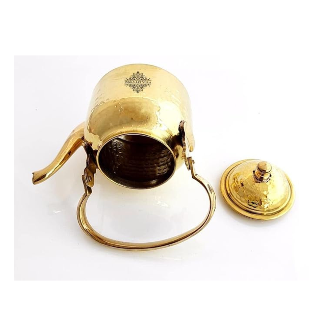 Indian Art Villa Hammered Designer Brass Tea Kettle Pot Inside Tin Lining - 560 gms