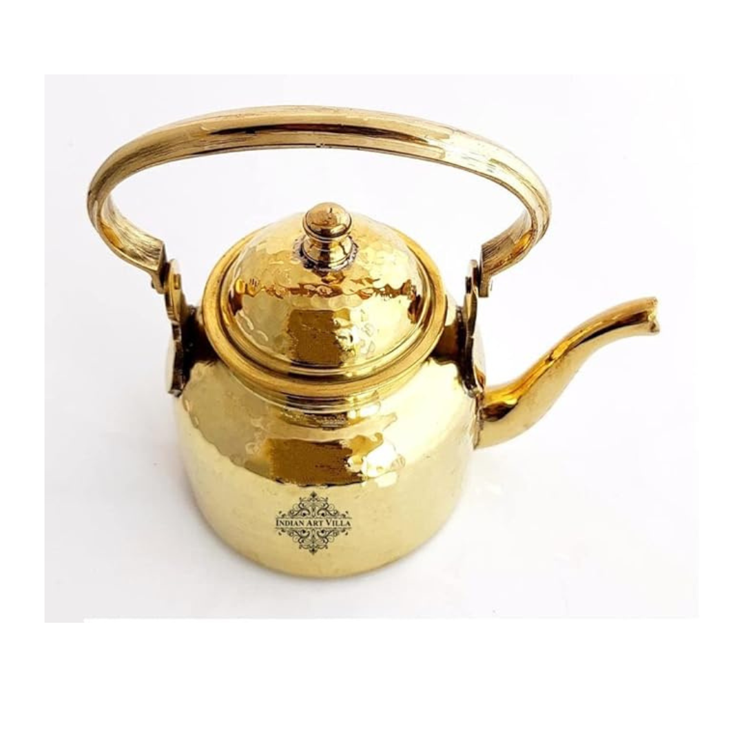 Indian Art Villa Hammered Designer Brass Tea Kettle Pot Inside Tin Lining - 560 gms