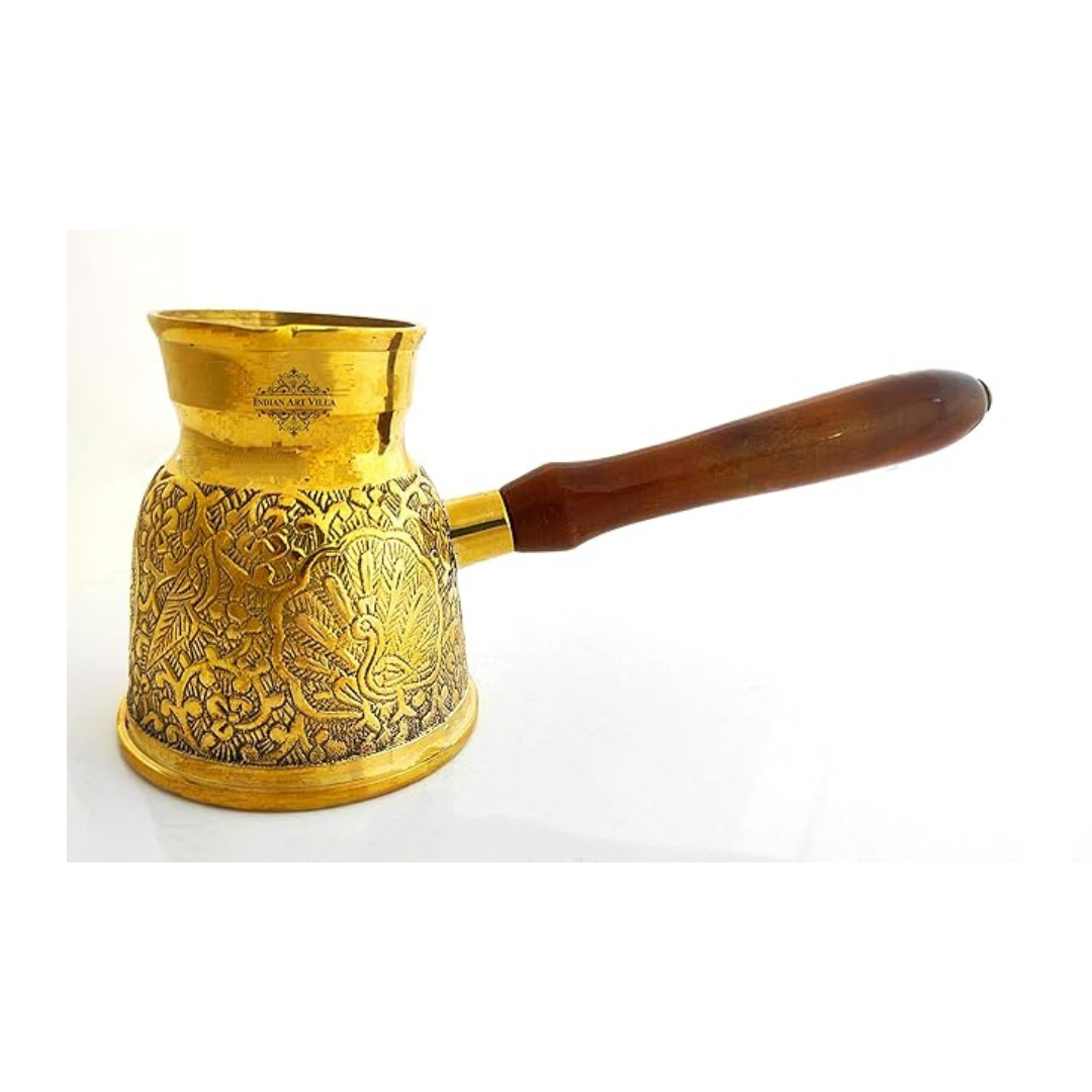 Indian Art Villa Brass Turkish Kettle Mug Volume 300 ml With Wooden Handle Coffee Tea Mug - 380 gms