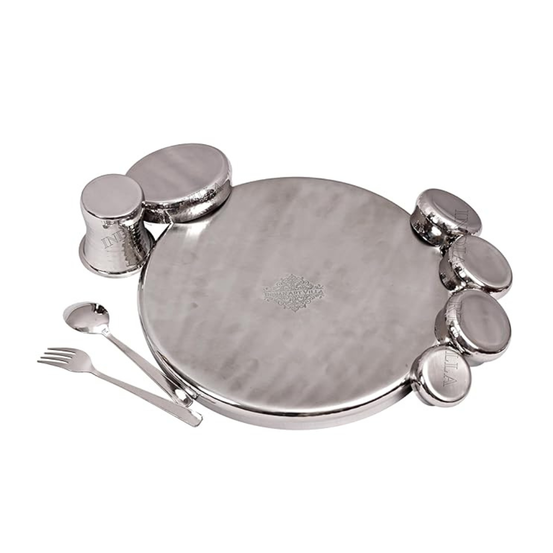 Indian Art Villa Hammered Curved Steel Dinner Thali Set 9 Pieces - 910 gms