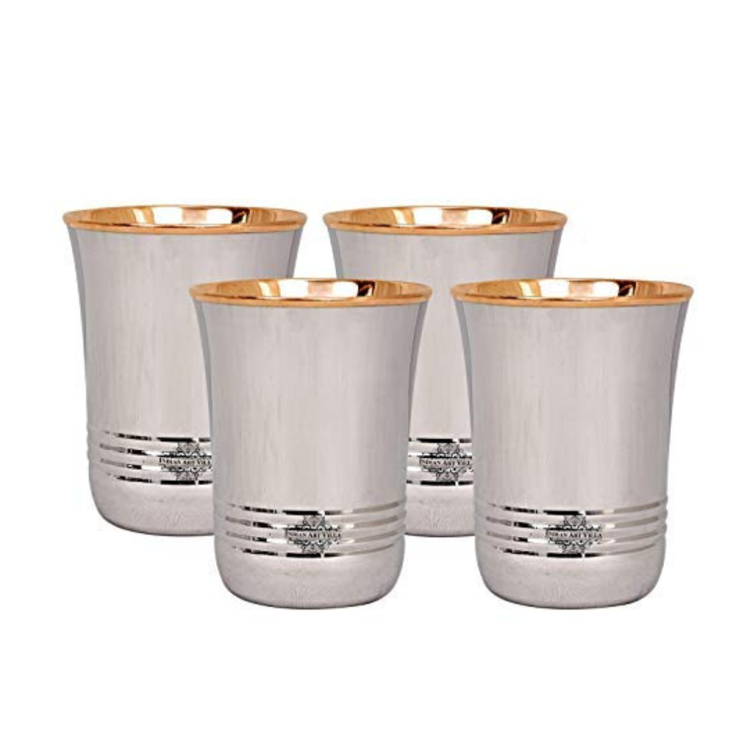 Indian Art Villa Steel Copper Glass Tumbler Set Silver and Brown (Pack of 4)