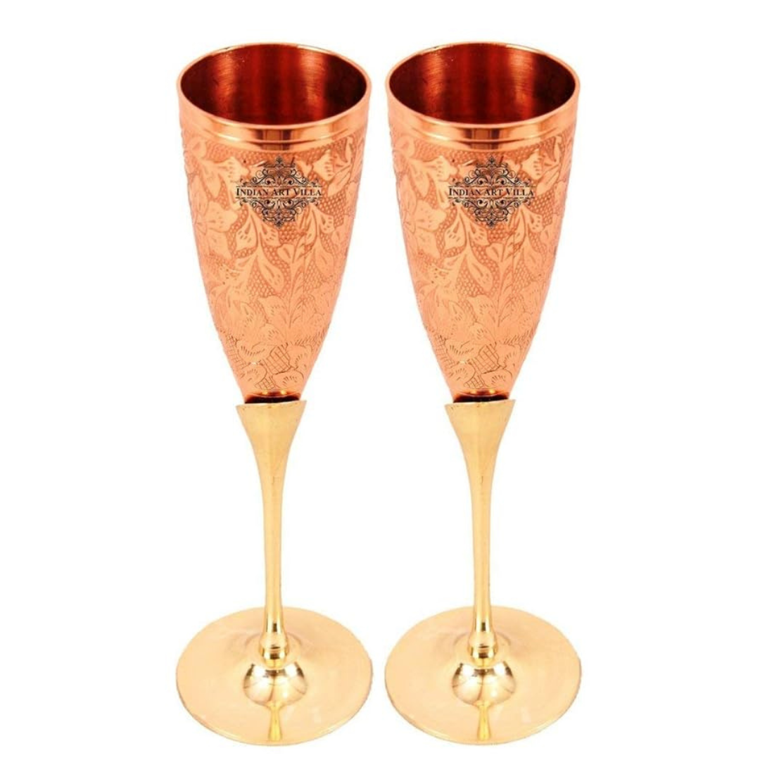 Indian Art Villa Embossed Goblet Design Copper Brass Flute Champagne Glass | 150 ml (Pack of 2)