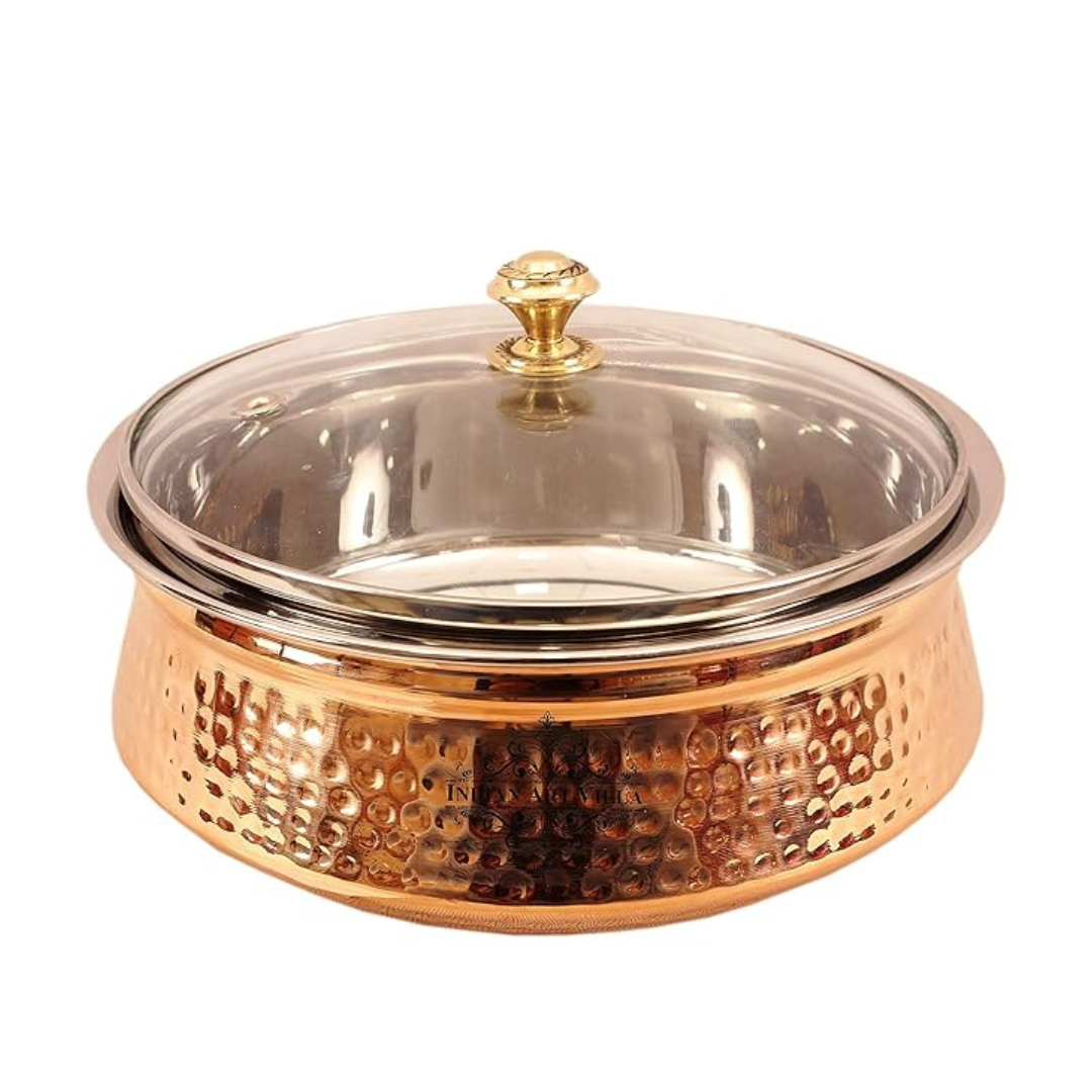 Indian Art Villa Hammered Steel Copper Casserole Donga Bowl With Glass Lid | 1350 ml Hammered Polished