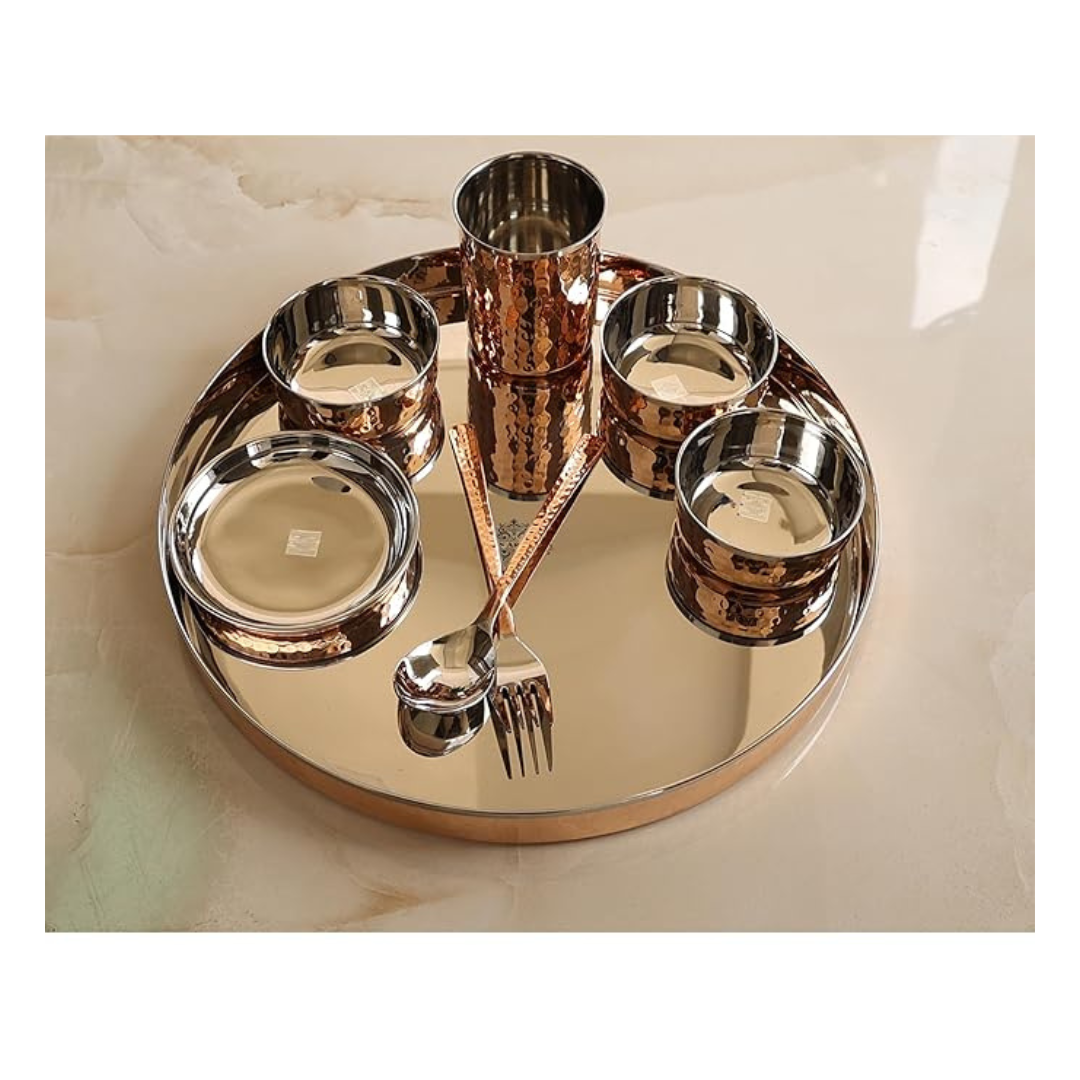 Indian Art Villa Steel Copper Hammered Design 8 Pieces Dinner Set