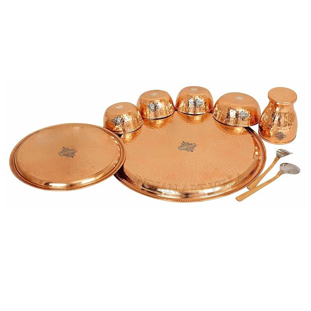 Indian Art Villa Pure Copper Hammered Design 9 Pieces Dinner Set