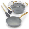 Asai Ceramic Non Stick 3 Pc Cookware Set | Frying Pan (24cm), Kadai (2.5L) + Lid, Free Spatula & Spoon