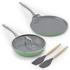 Asai Ceramic Non Stick 3 Pc Cookware Set | Frying Pan (24cm) + Lid, Dosa Tawa (28cm) - Green